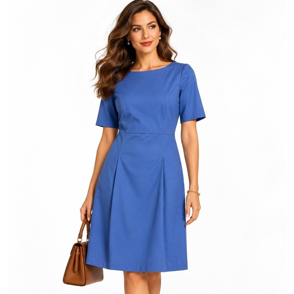 Brooks Brothers 346 Blue Short Sleeve Cotton Blend Pleated Sheath Dress Size 6